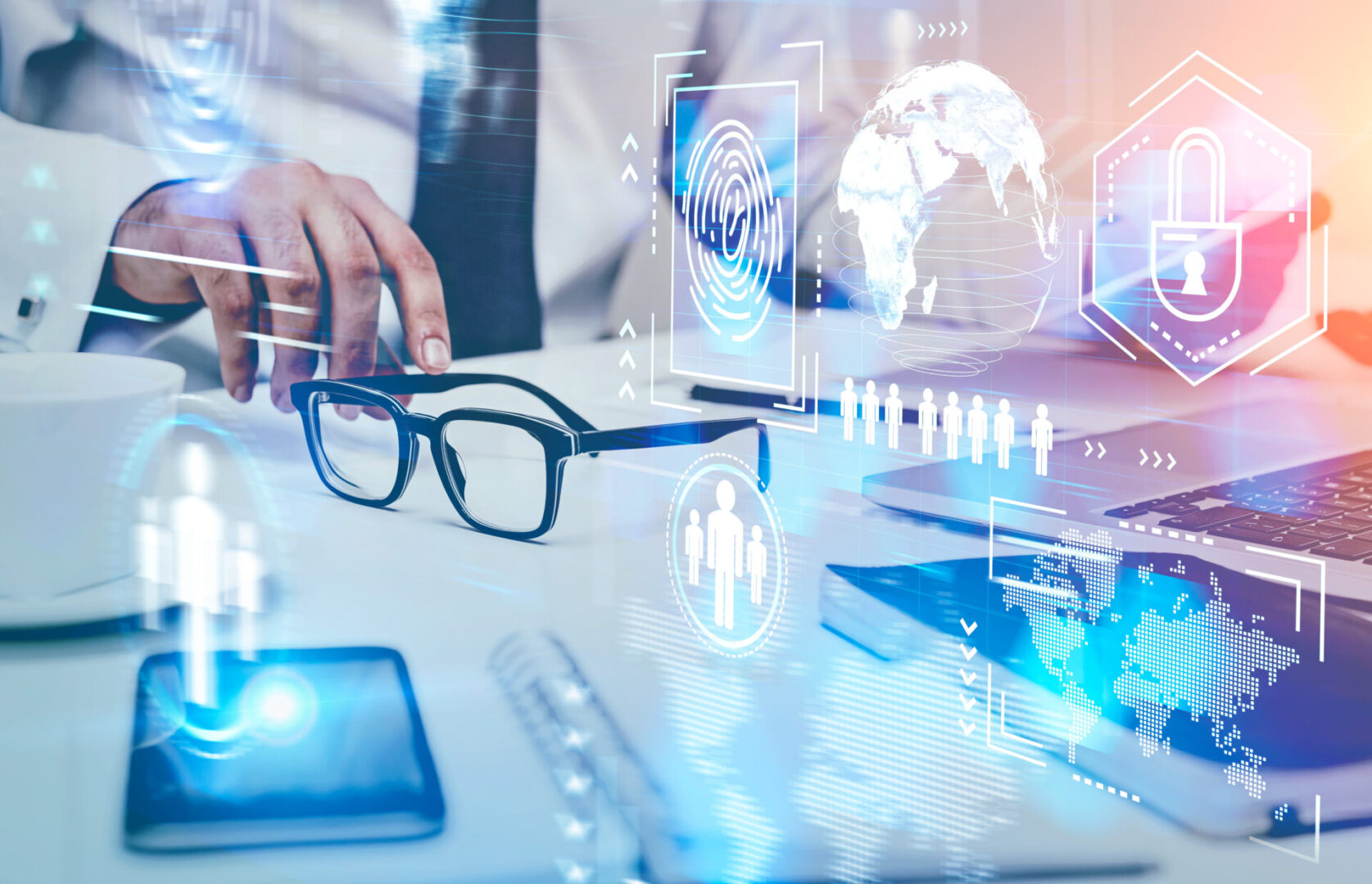 Unrecognizable businessman working in office with gadgets and double exposure of cyber security HUD interface. Toned image. Elements of this image furnished by NASA