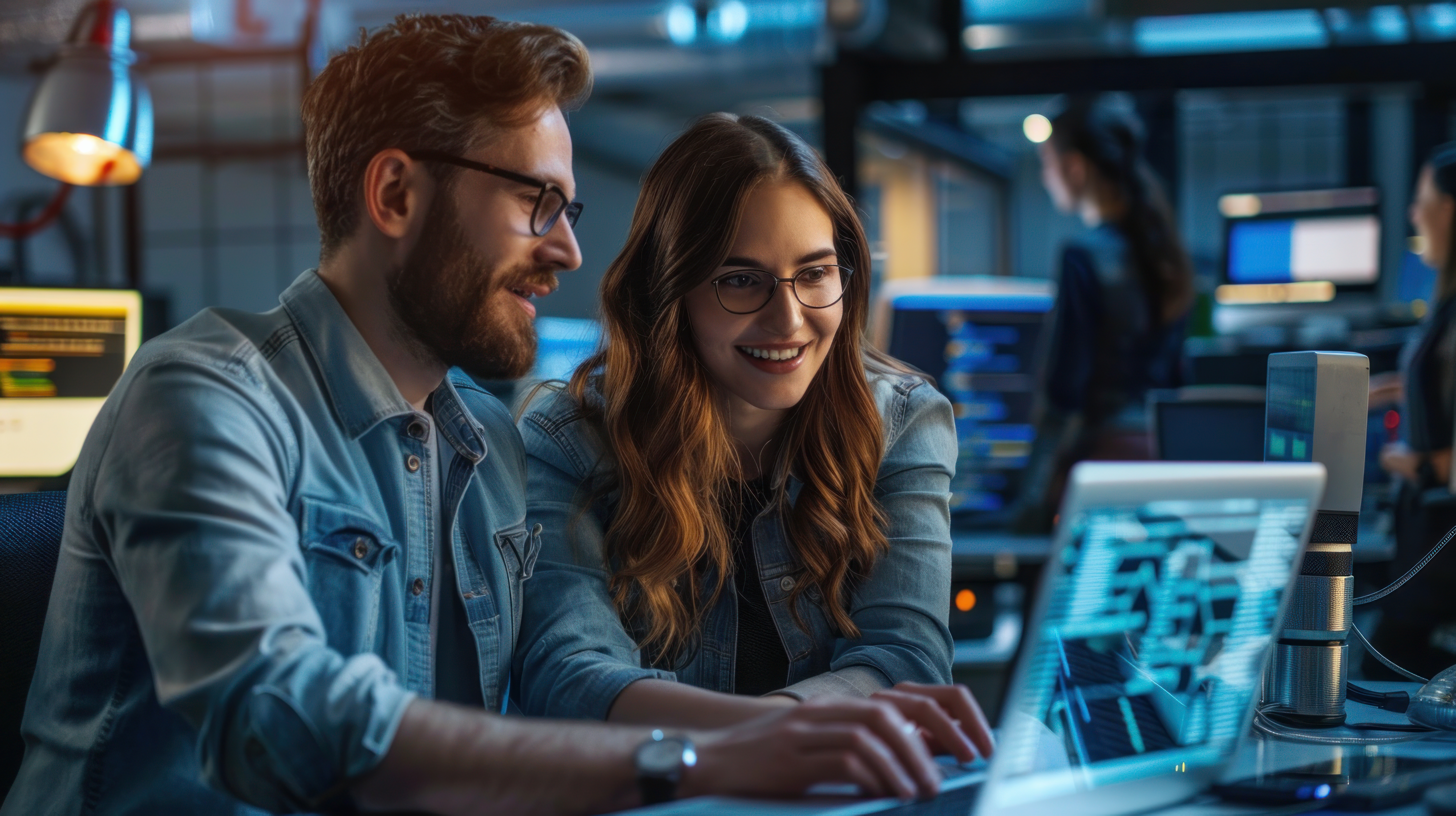 Portrait of Two Happy Female and Male Engineers Using Laptop Computer to Analyze and Discuss How to Proceed with the Artificial Intelligence Software. Casually Chatting in High Tech Research Office