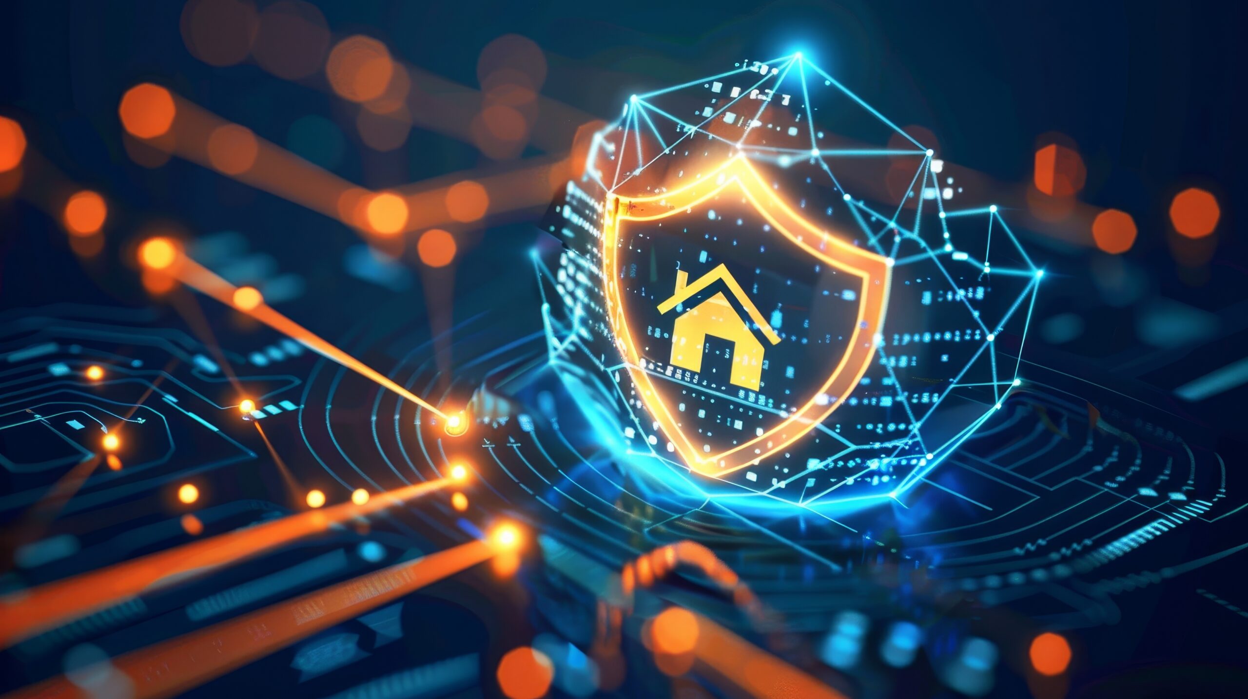 A digital shield representing home security, featuring interconnected lines and glowing elements. Ideal for technology and safety themes.